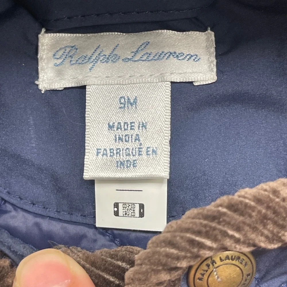 Ralph Lauren Kids Navy Blue Quilted Hooded Barn Jacket Corduroy Trim‎ 9M